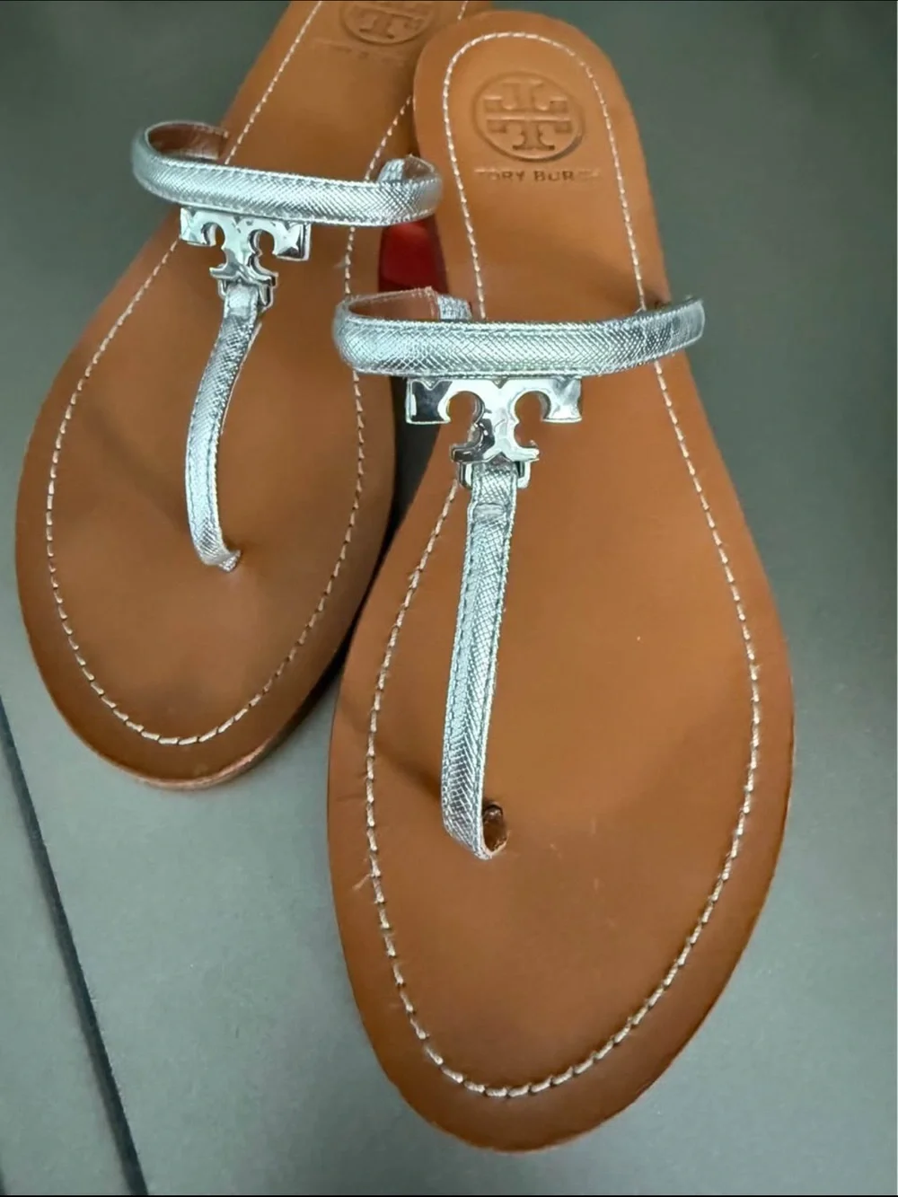 Tory Burch Metallic Silver Miller T-Strap Sandals with Tan Footbed